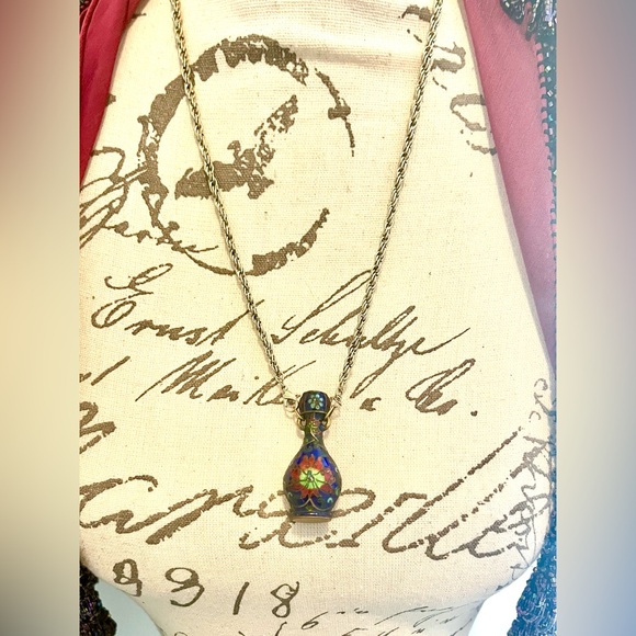 Vintage Designer Cloisonné Enameled Brass Flower Vase/Snuff Bottle Necklace, EUC - Picture 10 of 14